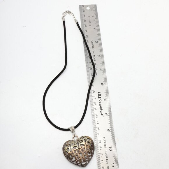 Hollow Ornate Heart Pendant Silver Necklace Fabric Cord Band Boho Oversized - Picture 6 of 6